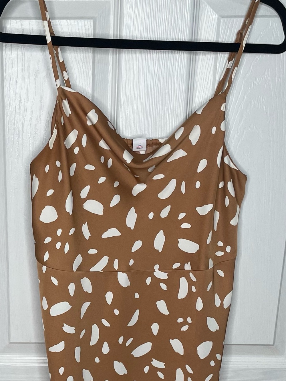 Brown and White Printed Cowl Neck Spaghetti Strap Dress